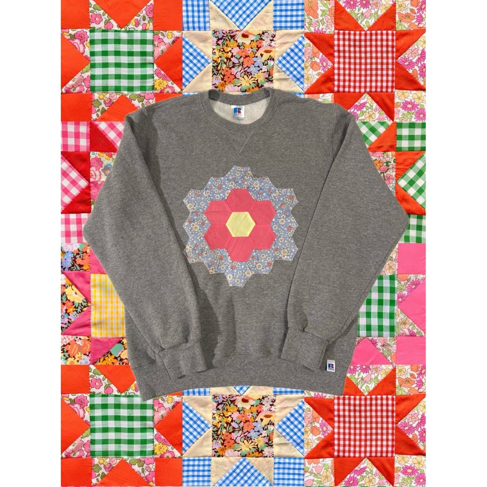 Handmade Upcycled Russell Athletic Sweatshirt Vintage Quilt Flower Appliqué M